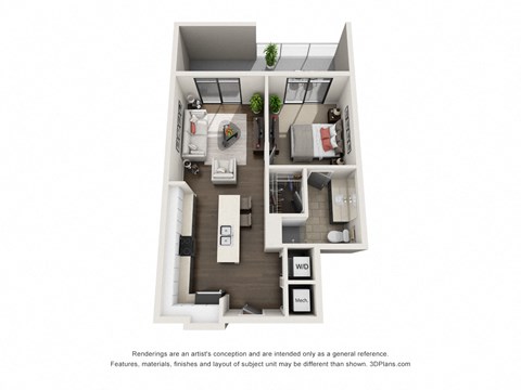 Floor plan for 1 bed, 1 bath, 628 sqft